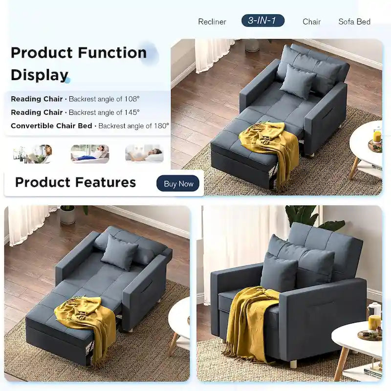 Fauteuil convertible 3-en-1, plusieurs coloris, une place