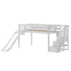 Lit bas mezzanine simple pour enfants avec toboggan et escalier, bois massif, 14 barrières de sécurité, capacité de 180 kg