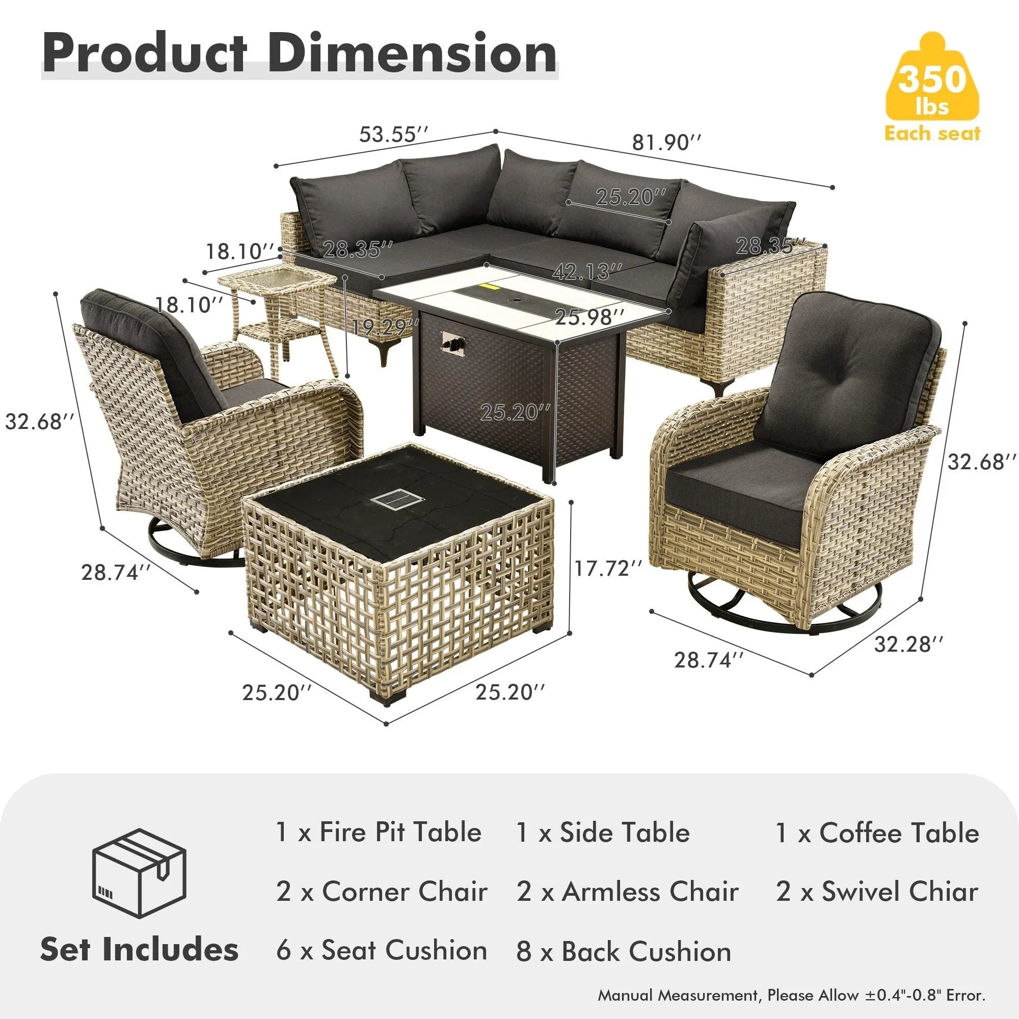 Ensemble de 9 chaises pivotantes en osier d'extérieur OVIOS avec table brasero