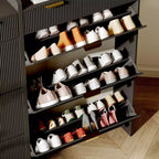 Meuble à chaussures moderne blanc avec 3 tiroirs basculants et 2 petits tiroirs et crochet, organiseur de rangement à chaussures fin cannelé, meuble d'entrée étroit