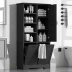 Meuble de rangement de salle de bain avec portes et tiroirs, panier à linge inclinable, plusieurs espaces de rangement, style autoportant