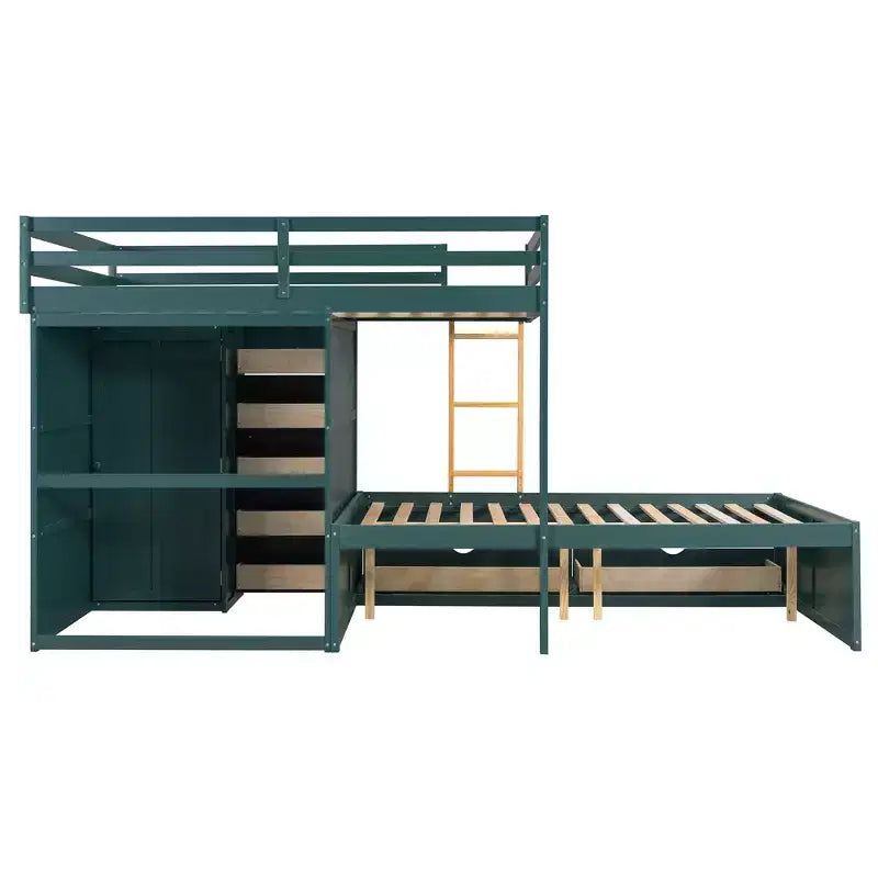 Lit superposé double sur double avec armoire de rangement et tiroirs, lit superposé double en bois peu encombrant avec garde-corps pour appartement, chambre à coucher