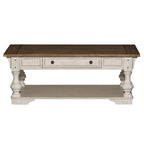 Table basse Morgan Creek blanc antique, avec accents tabac brossé.