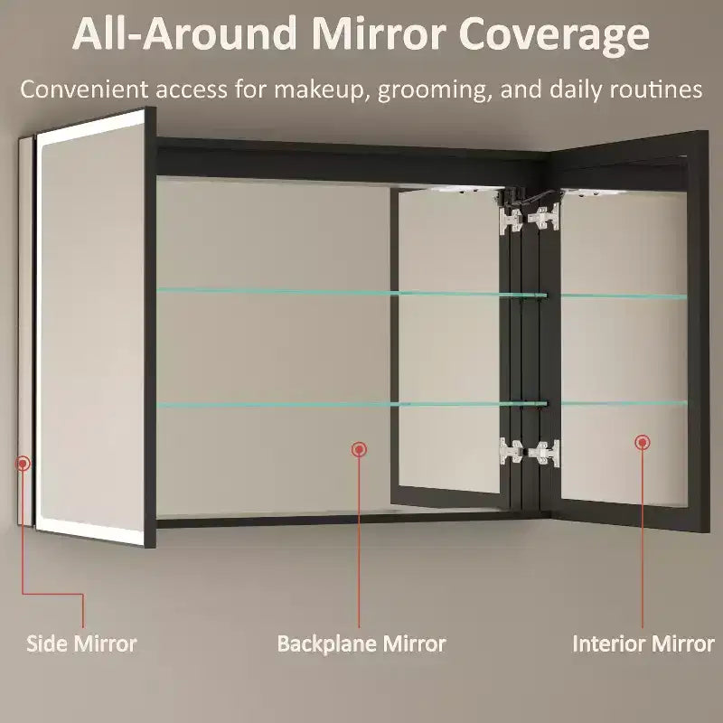Armoire de toilette avec miroir LED, montage en saillie ou encastré, lumière dimmable, anti-buée, étagères réglables