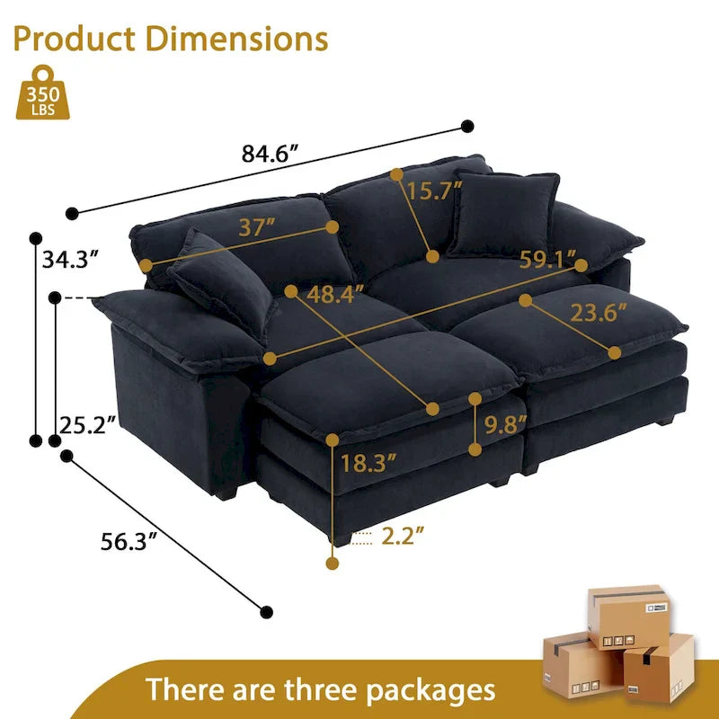 Canapé 2 places avec 2 coussins de siège, 2 oreillers et 2 poufs, canapé confortable - Canapé profond de salon, canapé modulable