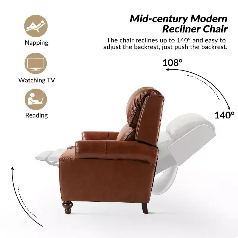 Ensemble de 2 fauteuils inclinables modernes en cuir véritable Elisabete avec garniture cloutée vintage pour salon et chambre à coucher | ART OF LIVING DESIGNS