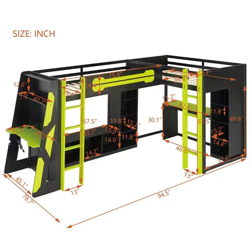 Lit mezzanine de jeu en L avec bureaux, lits superposés doubles avec lumières LED, ports USB, étagères de rangement, lit mezzanine d'angle en bois pour 2 personnes
