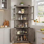 Meuble d'angle haut de 175 cm, Meuble de rangement d'angle style ferme, Rangement peu encombrant, Porte vitrée, Étagères réglables, pour Salon, Cuisine