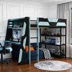 Lit mezzanine gaming complet Luxystar avec bureau, étagères de rangement et lumières