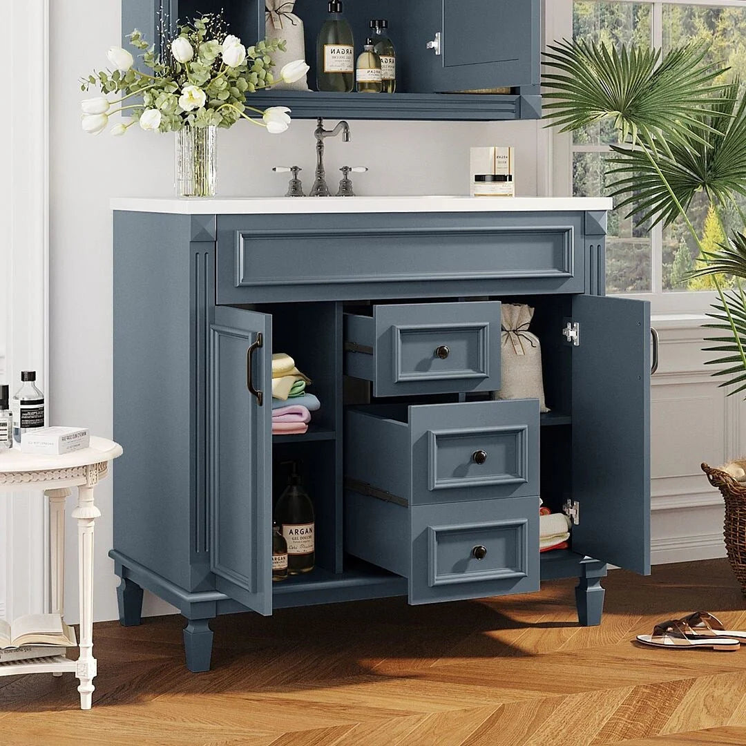 Meuble-lavabo de salle de bain moderne de 91 cm avec lavabo et armoire de toilette, 2 portes et 2 tiroirs