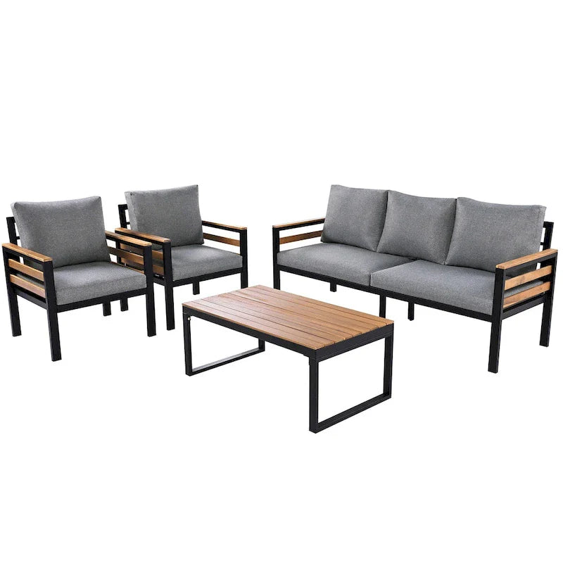 Ensemble de canapés d'extérieur 4 pièces pour 5 personnes avec table basse en bois massif et coussins amovibles