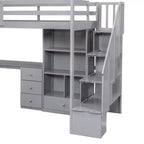 Lit mezzanine une place avec bureau en L, 3 tiroirs, placard, rangements intégrés dans l'escalier, en pin massif/MDF