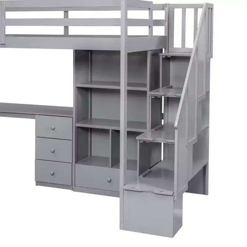 Lit mezzanine une place avec bureau en L, 3 tiroirs, placard, rangements intégrés dans l'escalier, en pin massif/MDF