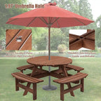 Ensemble de salle à manger rond en bois de sapin pour patio extérieur 8 personnes avec 4 bancs intégrés et trou pour parasol