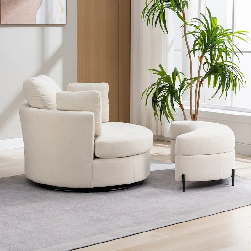 Fauteuil d'appoint pivotant rembourré 42,3 W avec 4 oreillers et pouf de rangement demi-lune