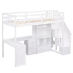 Lit mezzanine une place avec bureau en L, 3 tiroirs, placard, rangements intégrés dans l'escalier, en pin massif/MDF