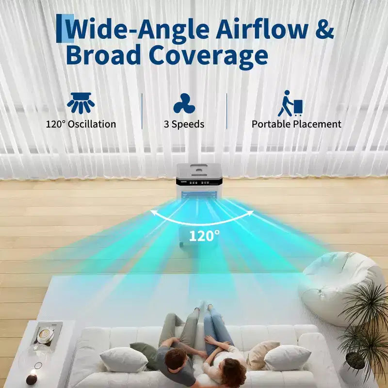 Refroidisseur d'air évaporatif avec réservoir d'eau, 4 pains de glace, 3 vitesses, oscillation à 120°, télécommande et minuterie 12h, 150W Portable sur pied