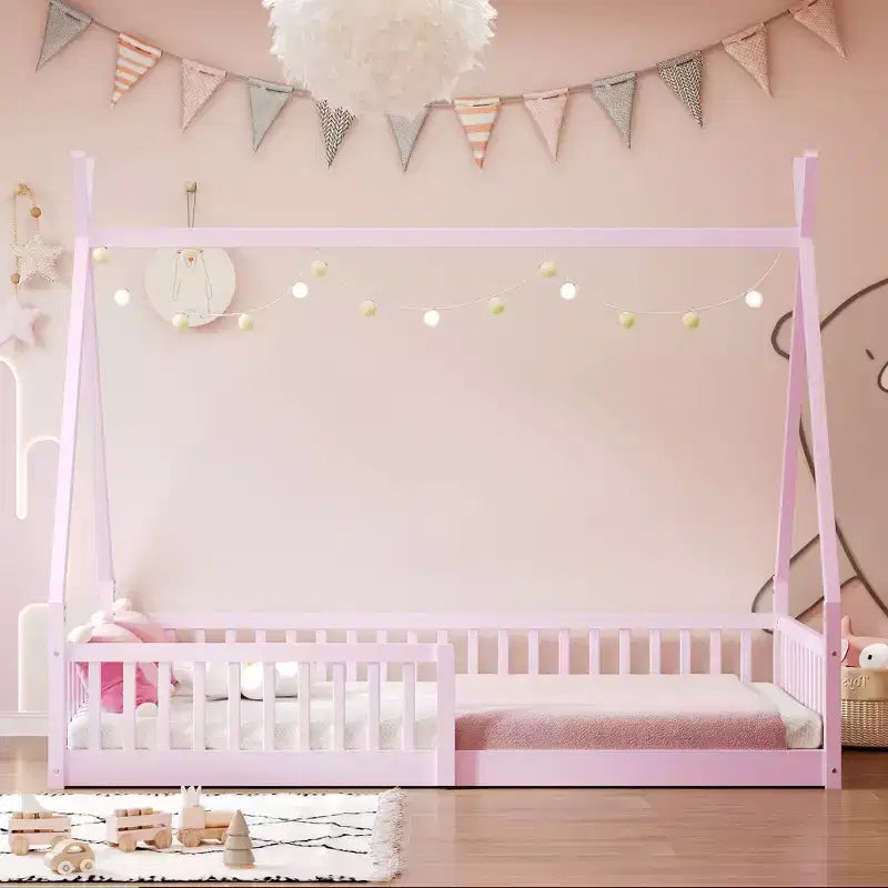 Lit de sol pour enfants, lits cabane doubles, lit de sol Montessori avec lattes et barrières de protection, cadre de lit cabane en bois pour garçons et filles