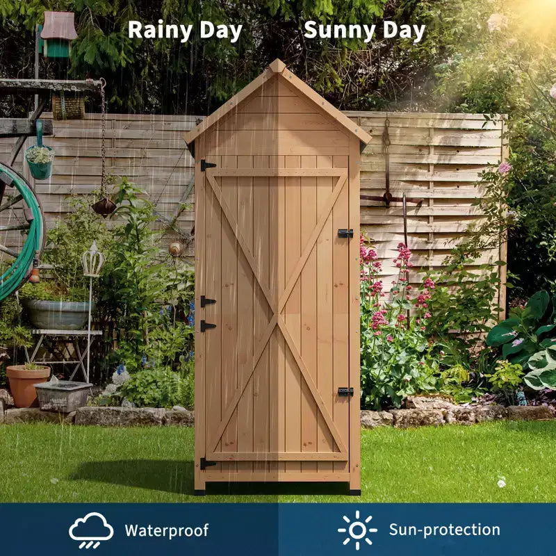 Armoire à outils d'extérieur en bois imperméable, avec portes doubles verrouillables, 3 étagères réglables et toit incliné – Rangement peu encombrant pour terrasse, cour ou pelouse
