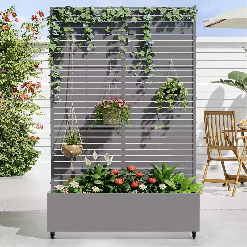MAYEERTY Jardinière avec treillis Gris fer Style classique à persiennes 183x89x41cm Ensemble de 3 pièces