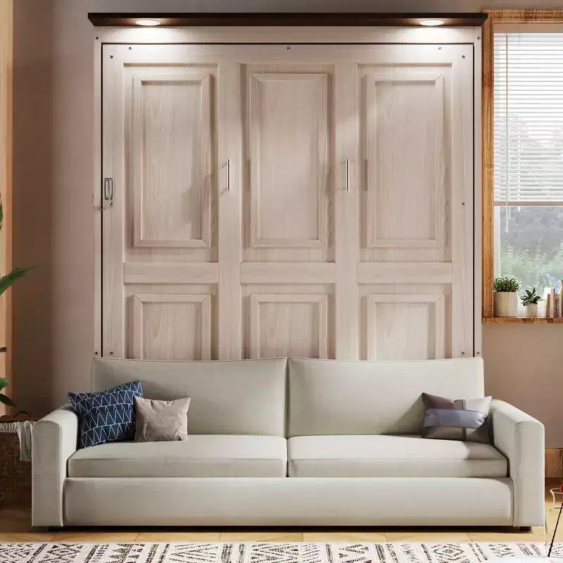 Lit escamotable Queen Size avec canapé, Lit escamotable Queen Size en bois avec éclairage LED, Lit escamotable pliant avec coffre pour chambre d'amis, Beige