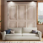 Lit escamotable Queen Size avec canapé, Lit escamotable Queen Size en bois avec éclairage LED, Lit escamotable pliant avec coffre pour chambre d'amis, Beige