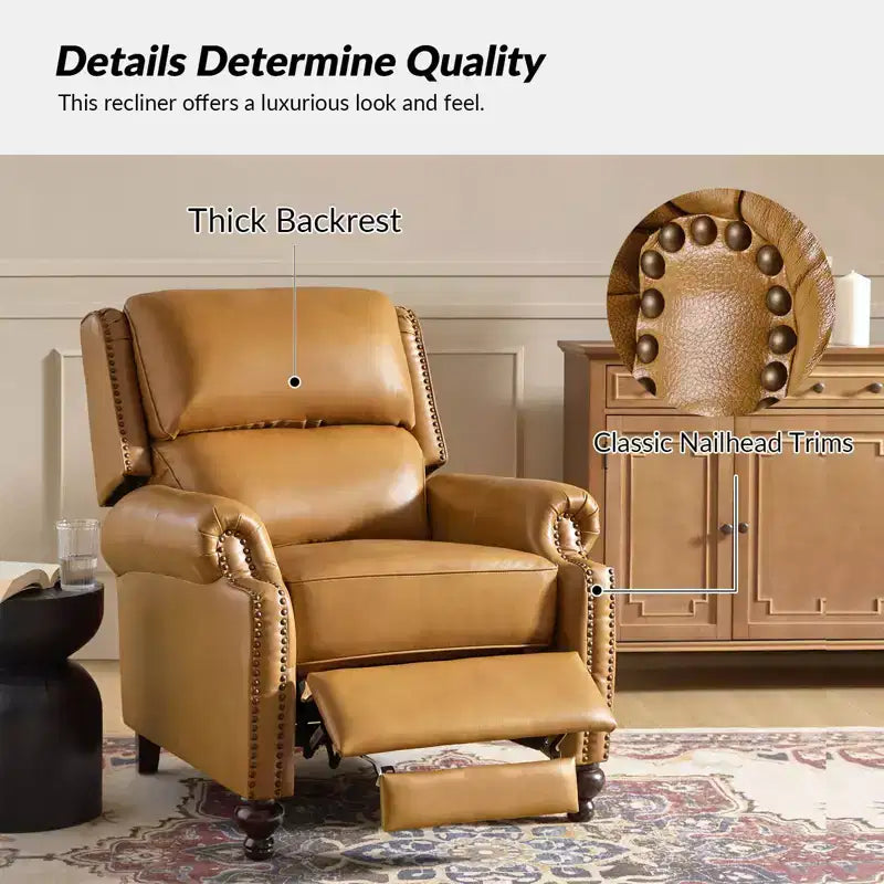 Ensemble de 2 fauteuils inclinables modernes en cuir véritable Elisabete avec garniture cloutée vintage pour salon et chambre à coucher | ART OF LIVING DESIGNS