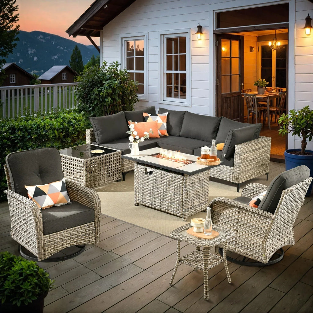 Ensemble de 9 chaises pivotantes en osier d'extérieur OVIOS avec table brasero