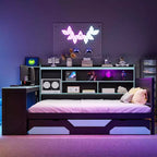 Lit de repos de jeu double/grand avec tête de lit bibliothèque, lumières LED, bureau intégré, tiroirs et station de charge