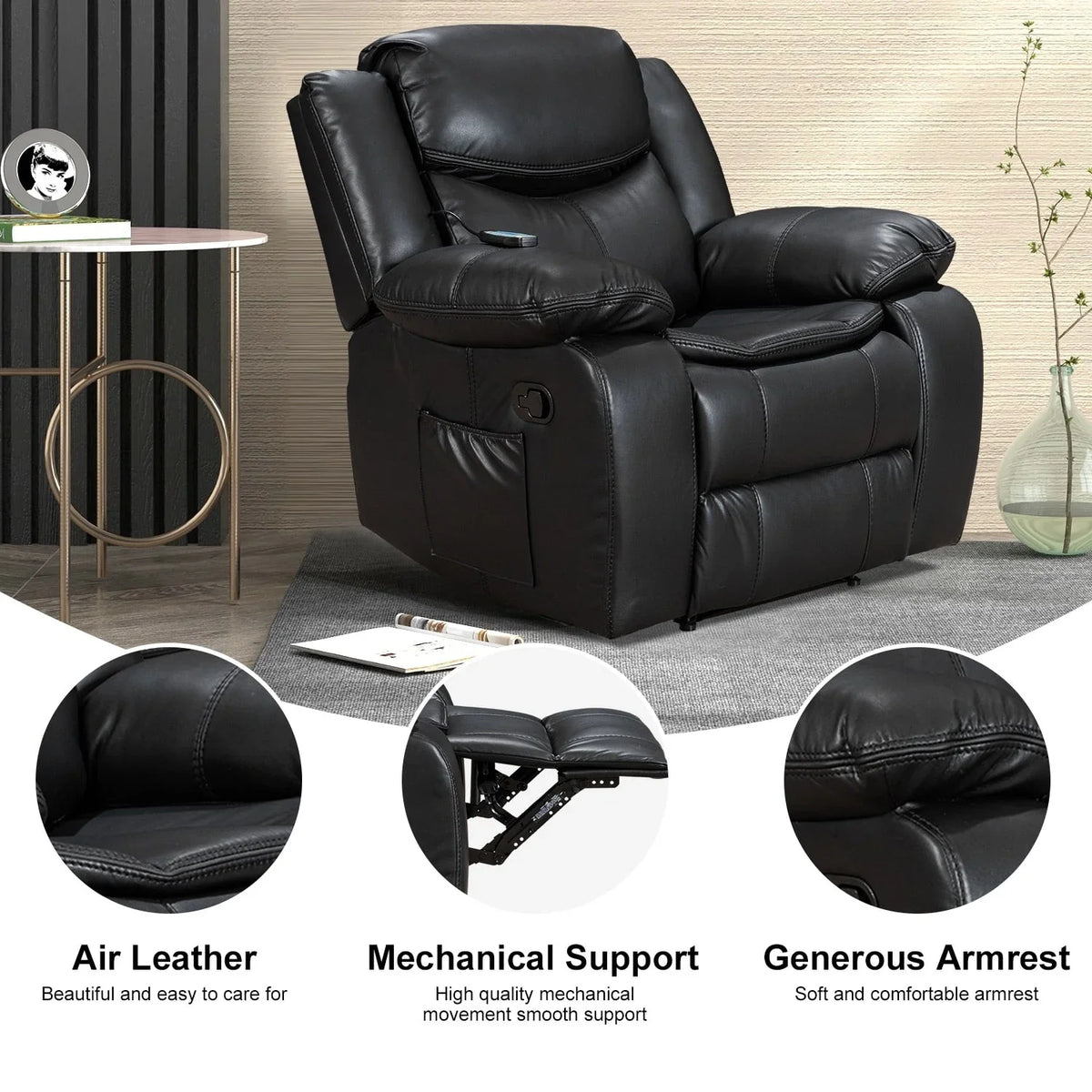 Fauteuil inclinable massant et chauffant en cuir, assise large et durable
