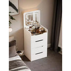 Coiffeuse 3-en-1 Okak avec miroir rabattable, coiffeuse compacte avec plateau en verre visible et tabouret rembourré, coiffeuse pour chambre à coucher