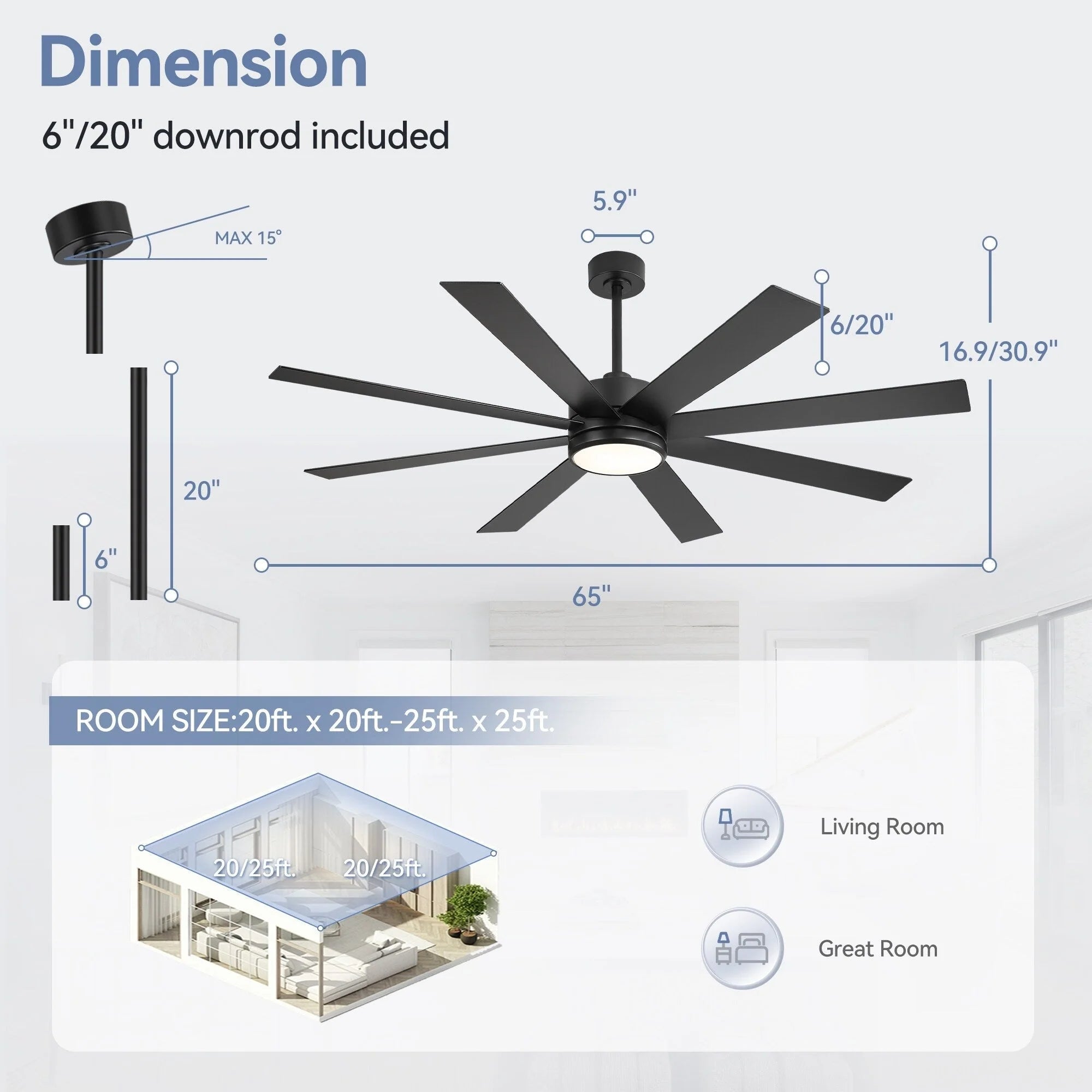Ventilateur de plafond de 65 pouces à 8 pales noires avec lumière LED et télécommande