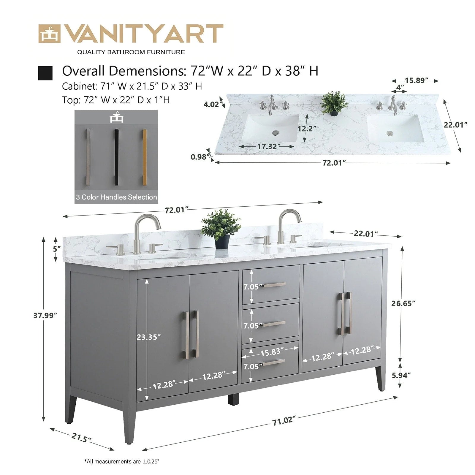 Meuble-lavabo de salle de bain Vanity Art 72 po à double vasque avec dessus en marbre reconstitué