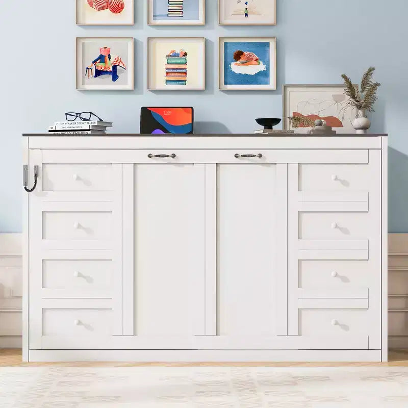 Lit escamotable double avec éclairage LED, peut être plié en armoire, armoire-lit murale dissimulée pour chambre d'amis