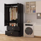 Armoire de chambre moderne en bois de 180 cm avec 2 portes, 2 tiroirs, étagères réglables, armoire de rangement pour vêtements et tringle à vêtements