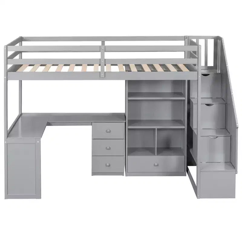 Lit mezzanine une place avec bureau en L, 3 tiroirs, placard, rangements intégrés dans l'escalier, en pin massif/MDF