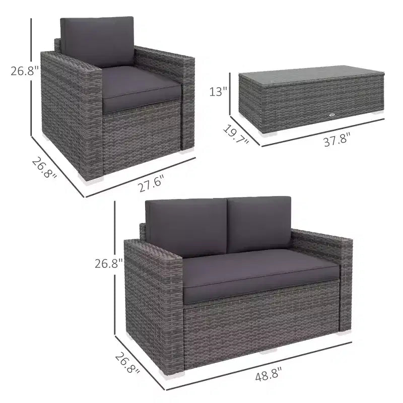 Ensemble de canapés en rotin 4 pièces, ensemble de canapés de patio en osier avec causeuse, chaises et table basse en verre pour jardin extérieur