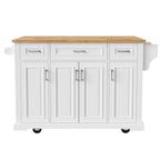 Grand îlot de cuisine avec rabat en bois, desserte de cuisine roulante texturée en relief avec portes et tiroirs avec rangement pour la cuisine, blanc