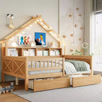 Cadre de lit maison pleine grandeur avec tiroirs, lit plate-forme maison avec lumières LED, étagères de rangement et tiroirs, lit de repos en bois avec toit et garde-corps