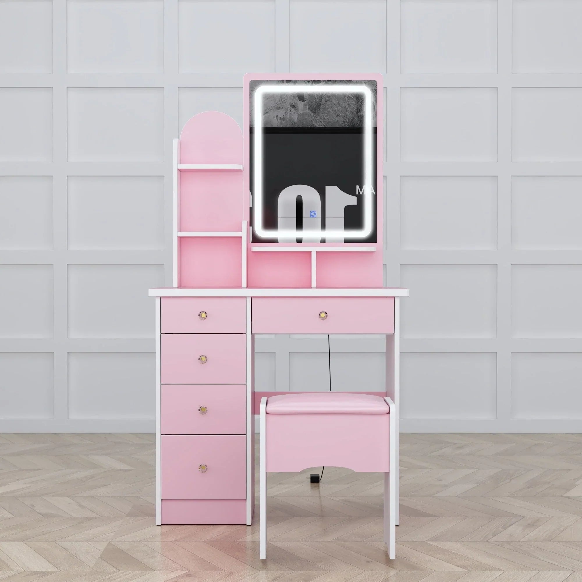 Coiffeuse avec miroir LED intégré et tabouret