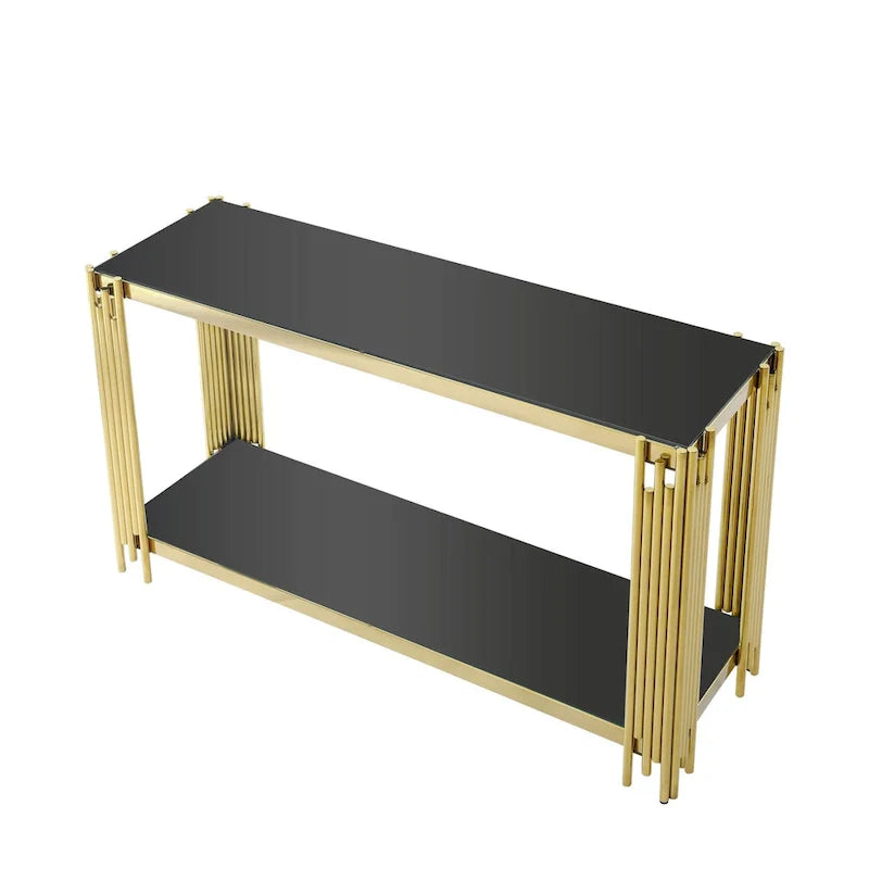 Console étroite à 2 niveaux avec structure en métal doré et plateau en verre trempé