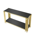 Console étroite à 2 niveaux avec structure en métal doré et plateau en verre trempé