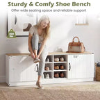 Banc à chaussures 2 portes avec étagères réglables et espace de rangement caché Naturel + Blanc/Blanc