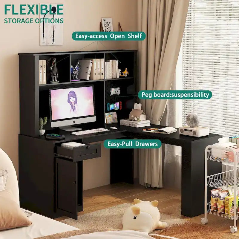 Bureau d'angle avec prise, Bureau d'ordinateur avec tiroirs, étagère et huche, Bureau d'angle moderne, Bureau à domicile