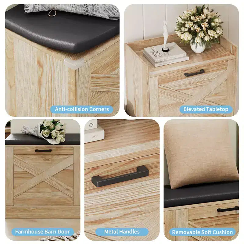 Banc avec 4 tiroirs relevables et coussin de siège rembourré, Étagère à chaussures étroite en bois, Convient pour le banc d'entrée de salon