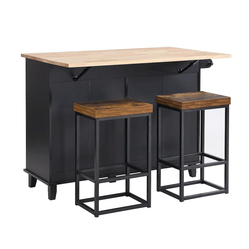 Ensemble d'îlot de cuisine TOPMAX avec abattant et 2 tabourets, ensemble de table à manger avec étagère réglable, tiroirs et porte-serviettes