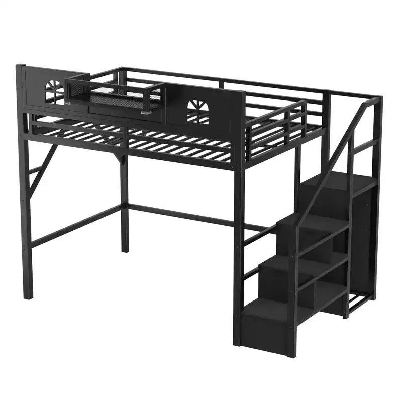 Lit mezzanine ModernLuxe double/grand format avec escalier et armoire intégrée, cadre de lit en métal avec lumières LED, station de charge USB et étagères de rangement