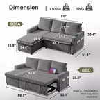 Canapé-lit sectionnel Dyonery 81, canapé-lit escamotable en forme de L avec méridienne de rangement réversible, USB, dossier inclinable