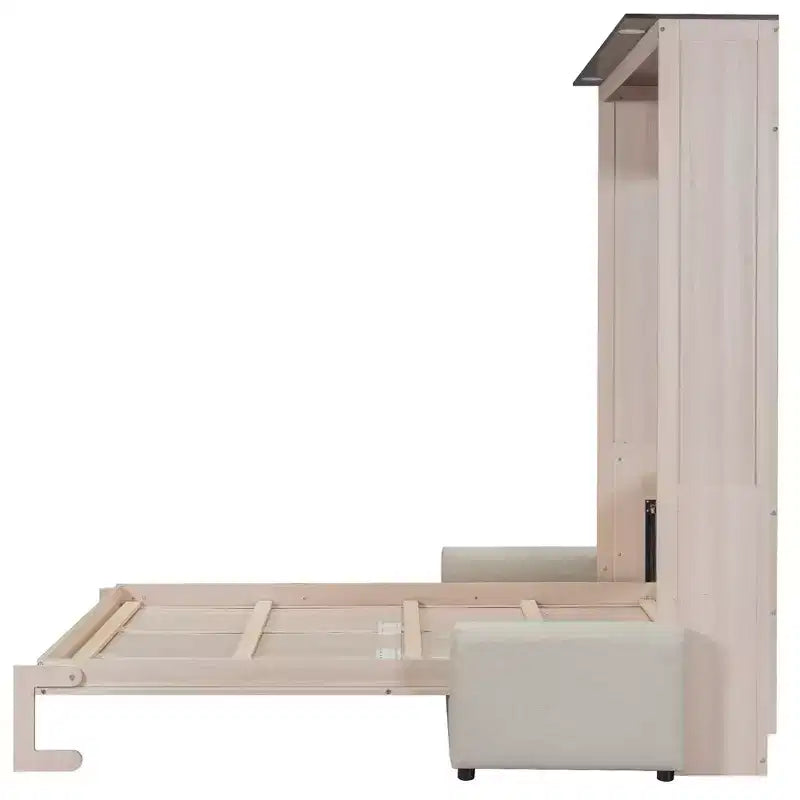 Lit escamotable Queen Size avec canapé, Lit escamotable Queen Size en bois avec éclairage LED, Lit escamotable pliant avec coffre pour chambre d'amis, Beige