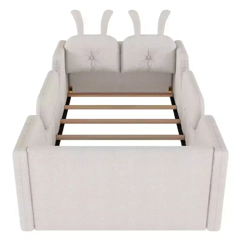Lit plateforme double Whisen, cadre de lit rembourré pour enfants avec coussin lapin, barrières latérales amovibles